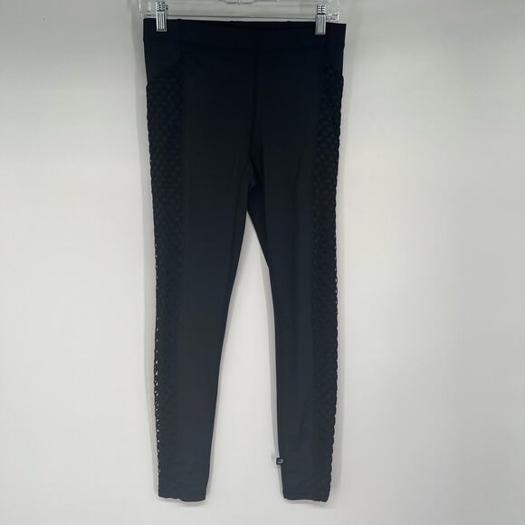 Terez Mid Rise Fish Net Details Leggings Women's Sz M Black Ankle Stretch Active - Picture 1 of 8